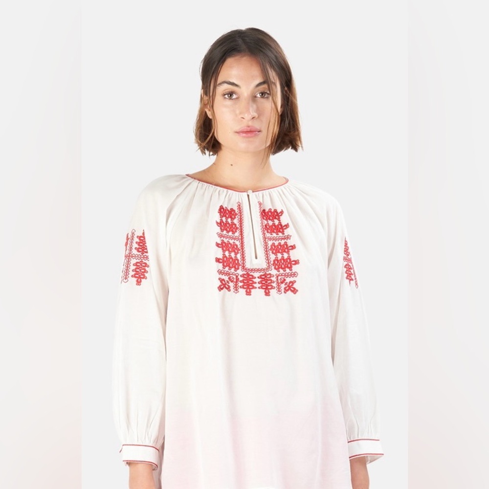 Nili Lotan White Peasant Blouse with Red Embroidery